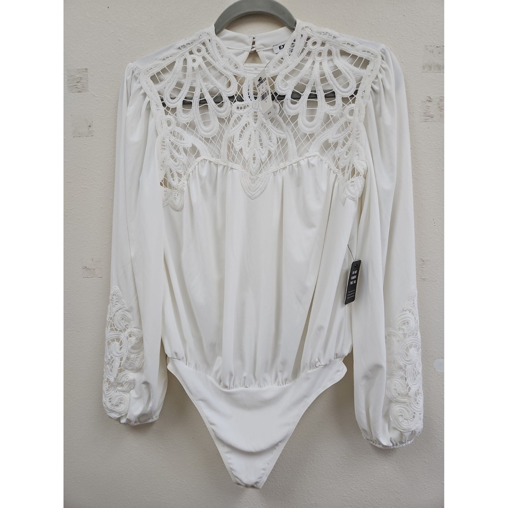 Express Ivory Crochet Lace High Neck Balloon Sleeve Bodysuit Small New